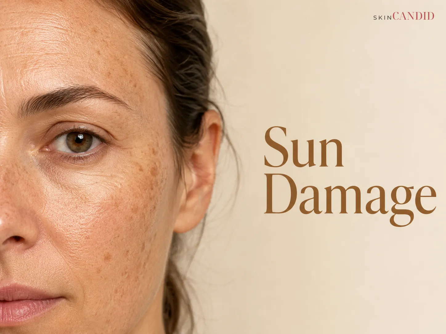 Close-up of an adult cheek, temple and forehead with scattered sun spots and mild uneven pigmentation.