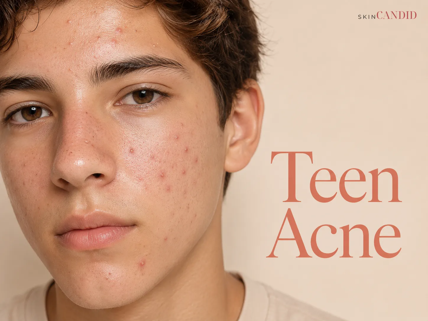 Teen face with closed comedones on the forehead, blackheads around the nose, small papules on the cheeks and mild T-zone shine.