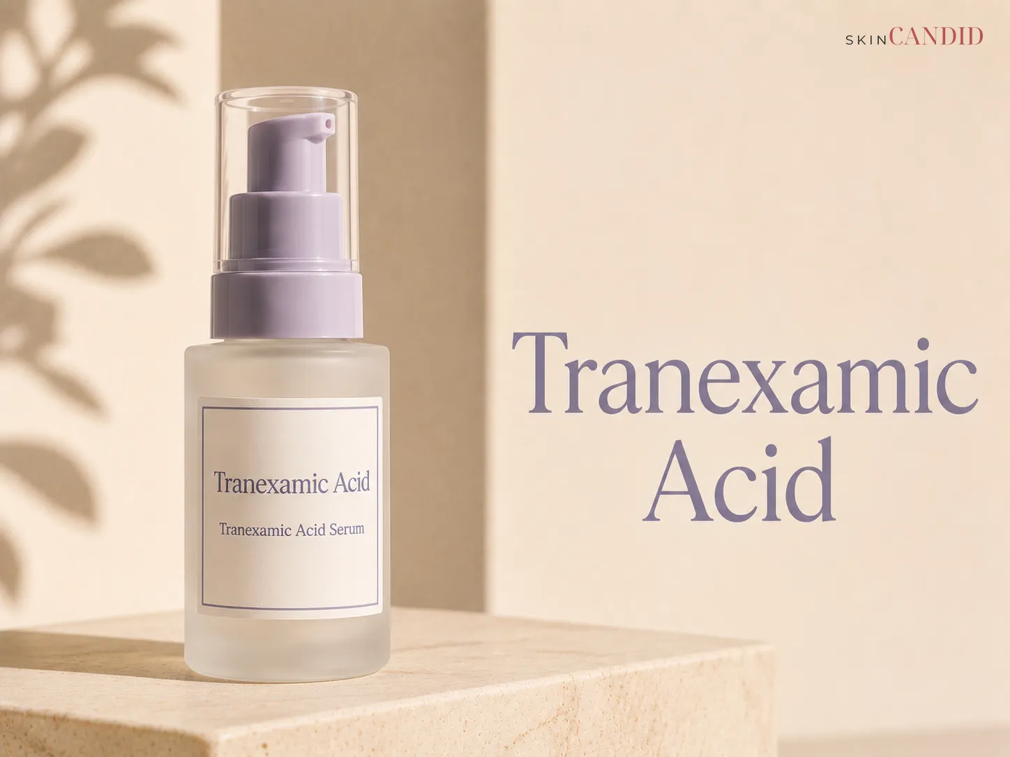 Tranexamic acid serum bottle in frosted or opaque packaging on a warm neutral background beside the title Tranexamic Acid.