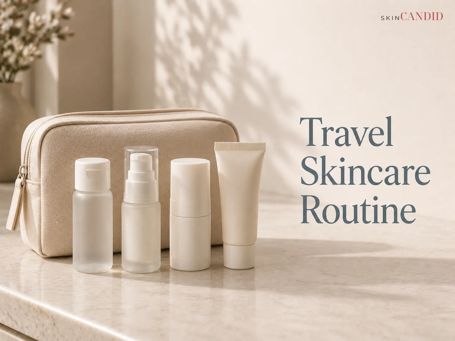 Compact unbranded cleanser, treatment, moisturizer and sunscreen arranged beside a neutral travel pouch.