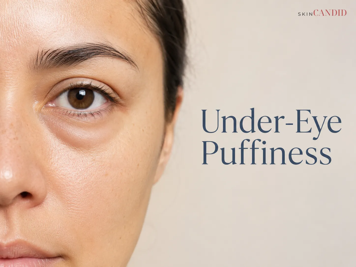Close-up of the eye area with mild natural puffiness beneath the lower eyelid.