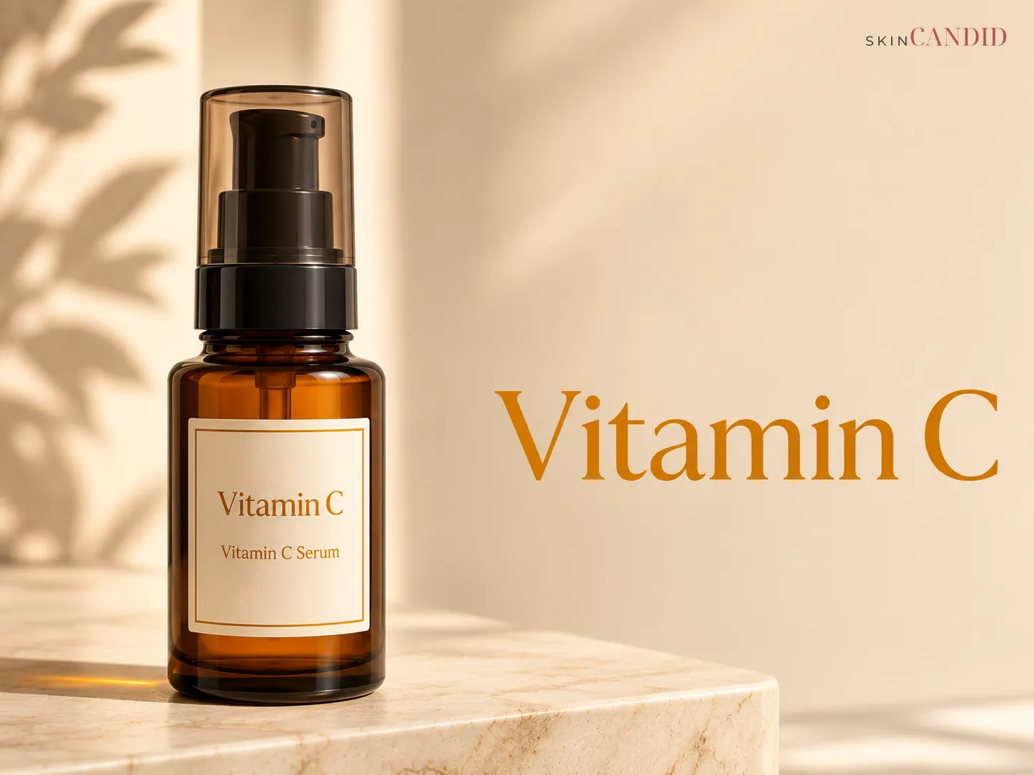 Vitamin C serum bottle in opaque or dark amber packaging on a warm neutral background beside the title Vitamin C.