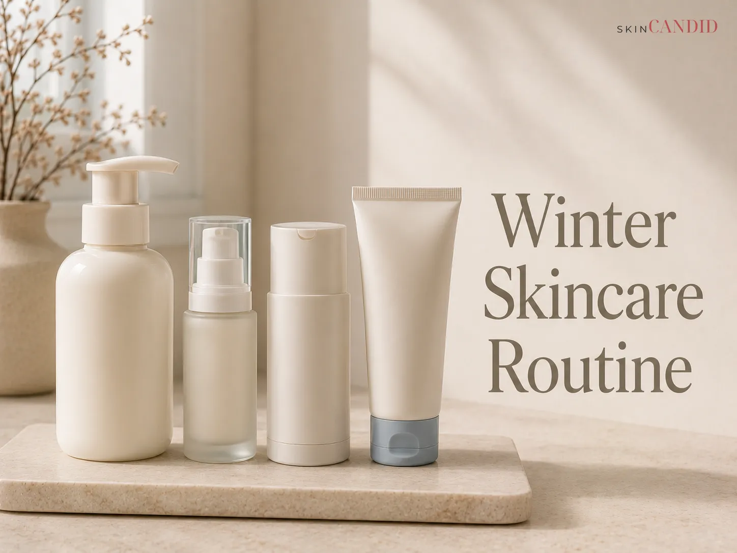 Unbranded cream cleanser, hydrating serum, rich moisturizer and sunscreen arranged for a winter skincare routine.