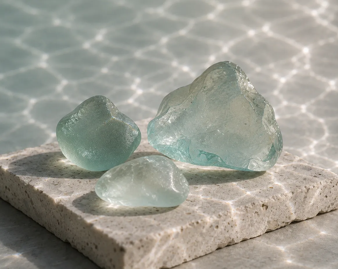 Three pieces of sea glass resting on pale stone